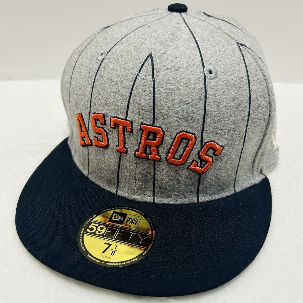 New Era‎ Houston Astros Pinstripe Script 59FIFTY Fitted Hat Cap Gray Blue 7 1/8